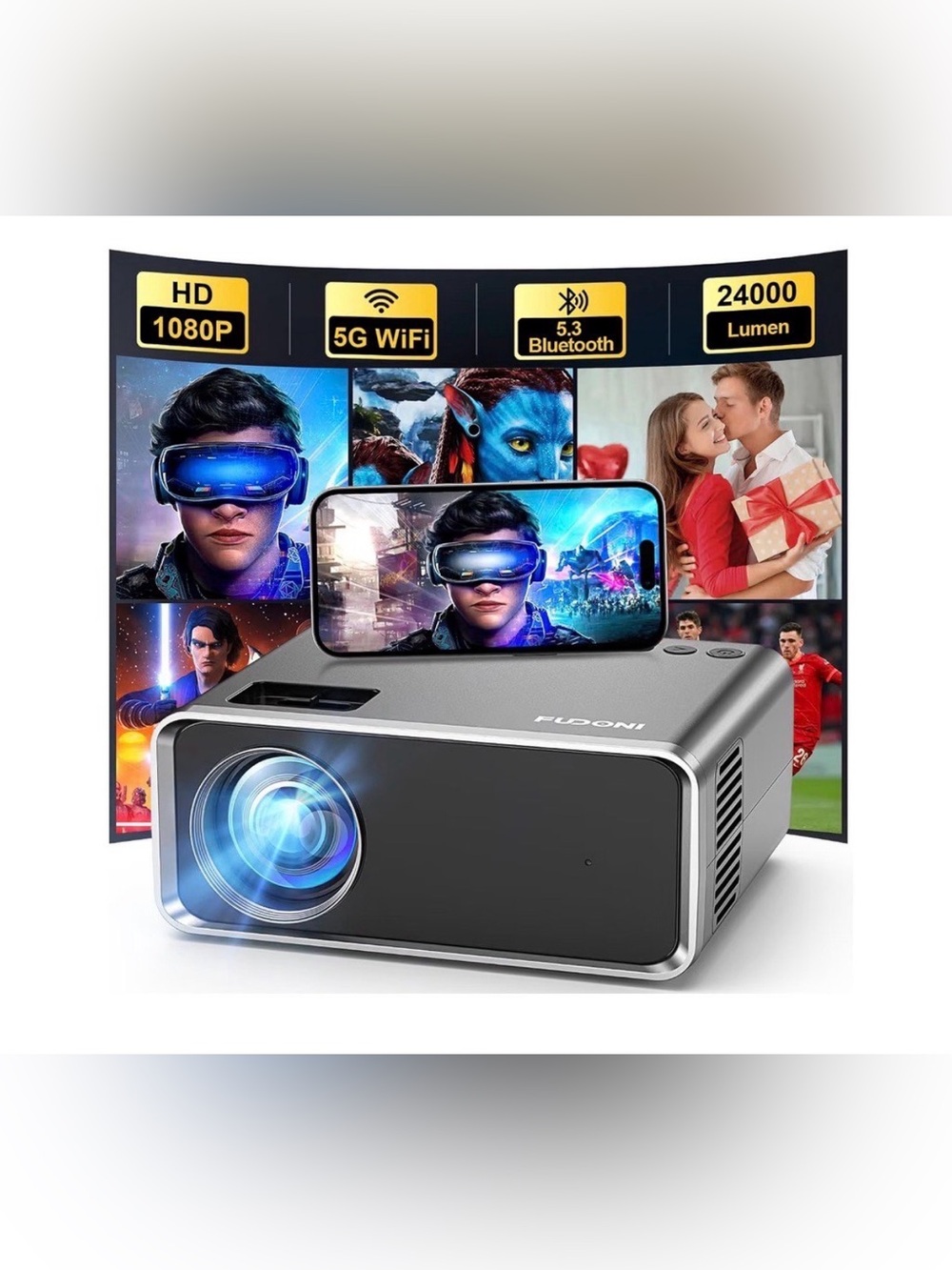 FUDONI WiFi Bluetooth Projector, Built-in Speaker, Native 1080P Projector